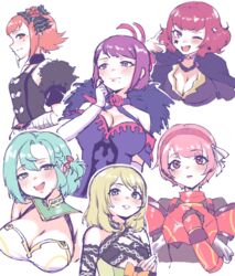  6+girls ;d absurdres alternate_hair_length alternate_hairstyle aqua_hair armor bare_shoulders black_dress blonde_hair blush breastplate breasts celine_(fire_emblem) chloe_(fire_emblem) cleavage commentary dress facial_mark fire_emblem fire_emblem_engage fur_trim hand_in_own_hair highres ivy_(fire_emblem) lapis_(fire_emblem) large_breasts looking_at_viewer mole mole_under_mouth multiple_girls off-shoulder_dress off_shoulder one_eye_closed open_mouth orange_eyes orange_hair panette_(fire_emblem) pauldrons pink_eyes pink_hair profile purple_dress purple_eyes purple_hair red_hair sher_(imnotsher) short_hair shoulder_armor simple_background smile star_(symbol) star_facial_mark white_background yunaka_(fire_emblem) 