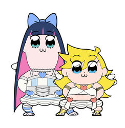  2girls :3 armband bare_shoulders bkub_(style) blonde_hair blue_bow blue_eyes bow choker closed_mouth colored_inner_hair crop_top dot_nose dress eyelashes frilled_choker frills gloves hairbow highres hiro_(khiro329) long_hair midriff mixed-language_commentary multicolored_hair multiple_girls official_alternate_costume panty_&amp;_stocking_with_garterbelt panty_(psg) poptepipic poptepipic_pose purple_hair sandals siblings sisters skirt stocking_(psg) toeless_legwear white_background white_dress white_gloves white_skirt white_wings wings 