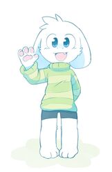  anthro asriel_dreemurr boss_monster_(undertale) bottomwear bovid caprine cheek_tuft clothing cute_fangs facial_tuft fur gesture goat hand_behind_back happy hi_res male mammal oob pawpads shorts simple_background smile snaggle_tooth solo sweater topwear tuft undertale undertale_(series) waving young 