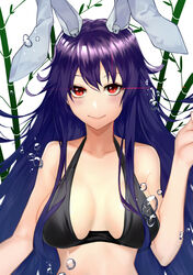  absurdres animal_ears bad_id bad_pixiv_id bamboo bare_shoulders bikini black_bikini blush breasts cleavage closed_mouth collarbone commentary_request diffraction_spikes eyebrows_hidden_by_hair female glint halterneck highres kurogane_tekki large_breasts long_hair looking_at_viewer purple_hair rabbit_ears red_eyes reisen_udongein_inaba smile solo swimsuit touhou upper_body water_drop white_background 