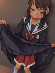  brown_eyes brown_hair clothes_lift commentary female fur_trim lifting_own_clothes looking_at_viewer original santa_costume school_uniform serafuku shorts shorts_under_skirt skirt skirt_lift smug solo tessaku_ro 