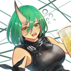  alcohol alternate_hair_length alternate_hairstyle arknights armor beer breastplate commentary cup drunk english_commentary eyelashes female glass green_eyes green_hair hair_between_eyes highres holding holding_cup horns hoshiguma_(arknights) looking_at_viewer mug najashi oni short_hair single_horn skin-covered_horns smile solo upper_body 