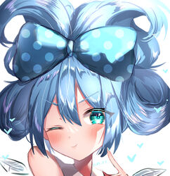  ;) absurdres alternate_hairstyle aoyama_tenchou blush borrowed_hairstyle bow cinnamiku_hairstyle cirno commentary_request eyes_visible_through_hair female highres ice ice_wings looking_at_viewer nail_polish one_eye_closed polka_dot polka_dot_bow sanrio simple_background smile solo touhou updo v-shaped_eyebrows white_background wings 