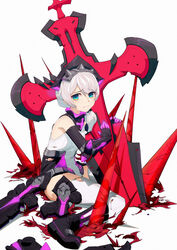  absurdres black_footwear blue_eyes closed_mouth cross_(weapon) female hair_between_eyes highres holding holding_weapon honkai_(series) honkai_impact_3rd looking_at_viewer on_floor side_ponytail simple_background sitting solo spikes theresa_apocalypse theresa_apocalypse_(violet_executer) thighhighs torn_clothes torn_thighhighs weapon white_background white_hair white_thighhighs yoni_(zhang) 