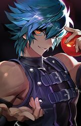  1boy apple beckoning belt belt_buckle blue_hair blue_vest buckle chest_belt cocaduel commentary_request dark_persona food fruit gradient_background grin hair_between_eyes holding holding_food holding_fruit johan_andersen korean_commentary looking_at_viewer male_focus muscular muscular_male orange_eyes possessed shaded_face short_hair smile studded_vest swept_bangs teeth upper_body vest yu-gi-oh! yu-gi-oh!_gx 