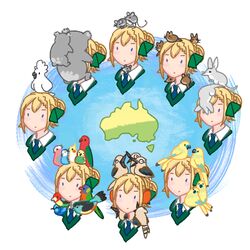  absurdres animal animal_on_face animal_on_head animal_on_shoulder australia bilby bird blonde_hair blue_necktie blush braid braided_bangs braided_bun cockatiel commentary cropped_torso english_commentary female galah hair_bun hair_ribbon highres kantai_collection koala kookaburra map necktie on_head parrot perth_(kancolle) ribbon shirt single_hair_bun upper_body vest ye_fan 