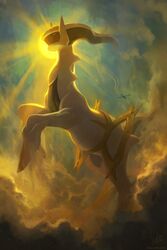  aircraft airplane arceus artist_name cloud commentary devin_elle_kurtz english_commentary highres no_humans outdoors pokemon pokemon_(creature) red_eyes solo sun watermark 