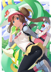  bag black_pantyhose blue_eyes breasts brown_hair cloud commentary_request day evolutionary_line female floating_hair handbag highres long_hair looking_at_viewer on_shoulder outdoors pantyhose pantyhose_under_shorts poke_ball poke_ball_(basic) pokemon pokemon_(creature) pokemon_bw2 pokemon_on_shoulder raglan_sleeves rosa_(pokemon) serperior servine shirt shoes short_shorts shorts sky sneakers snivy twintails visor_cap waha_(artist) yellow_shorts 