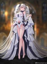  absurdly_long_hair absurdres azur_lane bare_legs bare_shoulders black_footwear blurry blurry_background blush breasts chunhwei_lee closed_mouth clothing_cutout depth_of_field detached_sleeves dress female formidable_(azur_lane) formidable_(timeless_classics)_(azur_lane) full_body grey_hair hair_ornament high_heels highres impossible_clothes impossible_dress large_breasts long_hair long_sleeves looking_at_viewer navel_cutout official_alternate_costume red_eyes skirt_hold smile solo standing stuffed_toy twitter_username veil very_long_hair weibo_watermark white_dress 