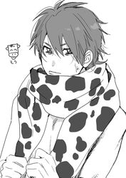  1boy anger_vein animal_print annoyed cow_print greyscale hair_between_eyes holding holding_clothes holding_scarf looking_to_the_side male_focus monochrome nude official_art ogeretsu_tanaka scarf short_hair solo toono_takashi upper_body yarichin_bitch-bu 