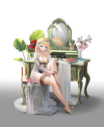  absurdres blonde_hair blue_eyes breasts collarbone commentary dangle_earrings earrings female flower full_body high_heels highres jewelry knee_up large_breasts lingerie lipstick long_hair looking_at_viewer makeup makeup_brush maki_(user_fyjx4337) mirror nail_polish on_chair original pink_flower putting_on_legwear red_flower red_nails red_rose reflection ring rose simple_background sitting solo table thighs underwear vanity_table white_background 