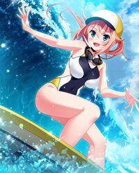  bad_id bad_pixiv_id bare_legs bare_shoulders blonde_hair blue_eyes breasts choker collarbone covered_navel eyewear_around_neck female goggles goggles_around_neck hair_between_eyes hat idol idol_wars_z large_breasts leaning_back long_hair ocean official_art one-piece_swimsuit open_mouth outstretched_arms ponytail sky smile solo surfboard surfing swimsuit takatsukasa_mikoto third-party_source very_long_hair water waves 