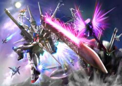  absurdres blue_eyes destiny_gundam destroy_gundam energy_sword energy_wings flying glowing glowing_eyes gun gundam gundam_seed gundam_seed_destiny highres holding holding_gun holding_sword holding_weapon impulse_gundam legend_gundam md5_mismatch mecha mecha_request no_humans propro13 robot science_fiction solo_focus sword sword_impulse_gundam v-fin weapon windam_(gundam_seed) 