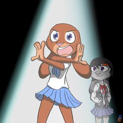  1:1 2018 anthro blue_bottomwear blue_clothing blue_eyes blue_skirt bottomwear brown_body brown_fur clothed clothing cosplay crossover crossover_cosplay disney duo fully_clothed fur grey_body grey_fur hand_in_pocket hands_in_both_pockets hi_res judy_hopps kill_la_kill lagomorph leporid looking_at_another mako_mankanshoku mammal open_mouth pink_nose pockets purple_eyes rabbit ryuko_matoi shirt skirt smile spotlight standing studio_trigger theblueberrycarrots topwear white_clothing white_shirt white_topwear zootopia 