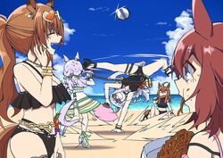  5girls =_= animal_ears beach bikini black_bikini black_one-piece_swimsuit blue_eyes breasts brown_hair carrying_over_shoulder casual_one-piece_swimsuit cleavage cloud day dress eyewear_on_head folding_fan food food_in_mouth food_on_face glint gold_ship_(run_revolt_launcher)_(umamusume) gold_ship_(umamusume) grin hachiman_(douno) hand_fan handstand high_heels highres holding holding_fan horizon horse_ears horse_girl horse_tail jewelry long_hair maruzensky_(blasting_off_summer_night)_(umamusume) maruzensky_(umamusume) medium_breasts mejiro_mcqueen_(ripple_fairlady)_(umamusume) mejiro_mcqueen_(umamusume) multiple_girls nakayama_festa_(entrust_myself_to_the_dice)_(umamusume) nakayama_festa_(umamusume) necklace ocean official_alternate_costume one-piece_swimsuit one_arm_handstand open_mouth outdoors ponytail purple_hair sakura_chiyono_o_(sakura_hearts_are_super_good_hearts)_(umamusume) sakura_chiyono_o_(umamusume) sand sitting smile speed_lines spinning sunglasses sweatdrop swimsuit tail teeth umamusume water white_dress yakisoba 