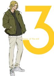  1boy blonde_hair brown_eyes earrings expressionless full_body green_jacket hair_behind_ear hands_in_pockets jacket jewelry looking_at_viewer male_focus medium_hair ogeretsu_tanaka original pants parted_bangs shirt shoes sneakers standing sweater white_footwear white_pants white_shirt 