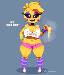  2019 absurd_res animatronic anthro ass big_breasts biped black_sclera blue_background blush blush_stickers bottomwear breasts butt_from_the_front cleavage clothed clothing dialogue doll_joints english_text eyeliner female fingerless_gloves five_nights_at_freddy&#039;s five_nights_at_freddy&#039;s_2 footwear fully_clothed gloves half-closed_eyes handwear hi_res holding_object legwear looking_at_viewer machine makeup midriff narrowed_eyes navel noseless open_mouth open_smile pattern_clothing pattern_legwear pattern_stockings pink_bottomwear pink_clothing pink_footwear pink_shorts pink_tongue purple_clothing purple_eyeliner purple_legwear purple_stockings robot scottgames shoes shorts signature simple_background smile sneakers solo somescrub standing steam stockings striped_clothing striped_legwear striped_stockings stripes talking_to_viewer teeth text thigh_gap tongue topwear toy_chica_(eroticphobia) toy_chica_(fnaf) twitter twitter_logo unusual_navel white_clothing white_eyes white_topwear wide_hips wristband yellow_body 