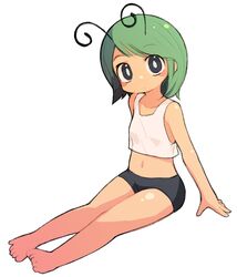  alternate_costume antennae barefoot black_eyes black_shorts blush breasts closed_mouth crop_top expressionless female full_body green_hair highres looking_at_viewer midriff navel short_hair short_shorts shorts simple_background sitting small_breasts solo swept_bangs tank_top touhou ugif white_background white_tank_top wriggle_nightbug 