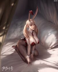  absurdres animal_ears bare_shoulders bed black_pantyhose blonde_hair bow bowtie breasts brown_hair curvy detached_collar feet female fishnet_pantyhose fishnets highres jagercoke large_breasts leotard mabinogi mabinogi_heroes original pantyhose playboy_bunny player_character_(mabinogi_heroes) plump rabbit_ears rabbit_tail realistic solo strapless strapless_leotard tail thighs twintails wrist_cuffs 