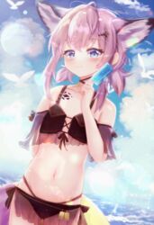  absurdres ahoge alternate_hairstyle animal_ear_fluff animal_ears arknights arm_behind_back armpit_crease bad_id bad_pixiv_id bare_shoulders belly bikini bird blue_eyes blue_sky blush brown_bikini chrocatz closed_mouth cloud cloudy_sky collarbone commentary_request cowboy_shot day extra_ears female flat_chest food fox_ears fox_girl fox_tail hair_ornament hairpin hand_up highres holding holding_food ice_cream lens_flare looking_at_viewer material_growth navel official_alternate_costume oripathy_lesion_(arknights) outdoors pink_hair short_hair sky smile solo standing stomach sussurro_(arknights) sussurro_(summer_flower)_(arknights) swimsuit tail thigh_gap water 