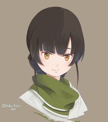  blunt_bangs braid brown_background brown_eyes brown_hair cropped_torso double_bun dougi female green_scarf hair_bun highres kantai_collection long_hair neko_no_hige scarf simple_background slit_pupils solo twin_braids twitter_username un&#039;you_(kancolle) upper_body yawata_maru_(kancolle) 