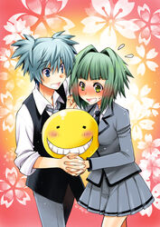  2boys ansatsu_kyoushitsu black_necktie black_trim black_vest blazer blue_eyes blue_hair blunt_bangs blush breasts collared_shirt cowboy_shot female floral_background flying_sweatdrops gradient_background green_eyes green_hair grey_jacket grey_necktie grey_pants grey_skirt holding_hands interlocked_fingers jacket kagesaki_yuna kayano_kaede koro-sensei kunugigaoka_middle_school_uniform lapels light_blue_hair long_sleeves looking_at_another loose_necktie medium_breasts multiple_boys necktie nose_blush notched_lapels open_collar open_mouth orange_background pants pink_background pleated_skirt school_uniform shiota_nagisa shirt skirt sleeves_past_elbows sleeves_rolled_up smile straight sweat teeth vest white_shirt 