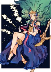  barefoot braid closed_mouth dress female fire_emblem fire_emblem:_three_houses green_eyes green_hair hair_ornament highres long_hair nya_deko pointy_ears ribbon_braid smile solo sothis_(fire_emblem) sword tiara twin_braids weapon 