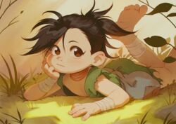  alkemanubis androgynous ankle_wrap barefoot black_hair brown_eyes closed_mouth commentary dororo_(character) dororo_(tezuka) feet female flat_chest japanese_clothes looking_at_viewer ponytail reverse_trap short_hair sleeveless soles solo wrist_wrap 