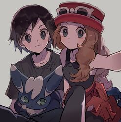  1boy brown_hair calem_(pokemon) closed_mouth collared_shirt commentary eyelashes eyewear_on_headwear female grey_eyes hat highres long_hair looking_at_viewer meowstic meowstic_(male) on_lap pants pokemon pokemon_(creature) pokemon_on_lap pokemon_xy red_skirt selfie serena_(pokemon) shirt short_sleeves skirt sleeveless sleeveless_shirt sunglasses t-shirt thighhighs tyou08665851 white-framed_eyewear 