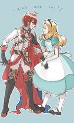  1boy ^_^ alice_(alice_in_wonderland) alice_in_wonderland apron arm_grab blonde_hair blue_dress blush boots bow brooch checkered_sash closed_eyes crossover crown disney dress english_text female flower formal full_body gloves hairband high_heel_boots high_heels izumi_(2476264) jewelry mary_janes mini_crown puffy_short_sleeves puffy_sleeves red_hair riddle_rosehearts rose shoes short_sleeves sideways_mouth smile suit trait_connection twisted_wonderland white_apron white_legwear 