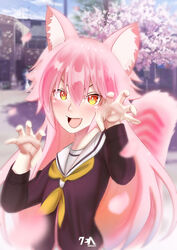  animal_ears cherry_blossoms commentary_request fangs female highres murenase!_shiiton_gakuen okami_ranka open_mouth orange_eyes photoshop_(medium) pink_hair school_uniform shiiton_gakuen_school_uniform solo tree wolf_girl zendrawr 