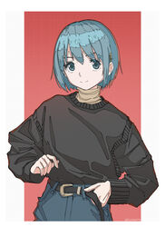  bad_id bad_pixiv_id belt_buckle black_sweater blue_eyes blue_hair border buckle closed_mouth commentary denim female hair_ornament hairclip highres jeans kenharu ligne_claire long_sleeves looking_at_viewer mahou_shoujo_madoka_magica mahou_shoujo_madoka_magica_(anime) miki_sayaka pants smile solo sweater turtleneck turtleneck_sweater upper_body white_border 