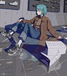  absurdres air_jordan air_jordan_1 ankle_socks bag beige_sweater belt_buckle blue_eyes blue_hair brown_jacket buckle casual denim female grey_footwear hair_ornament hairclip hand_on_own_knee highres jacket jeans kenharu ligne_claire long_sleeves looking_to_the_side mahou_shoujo_madoka_magica mahou_shoujo_madoka_magica_(anime) miki_sayaka open_clothes open_jacket pants shoes short_hair sitting sneakers socks solo sweater turtleneck turtleneck_sweater white_socks 