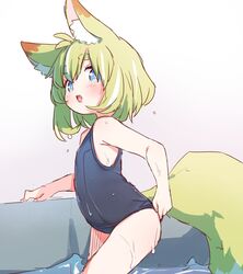  adjusting_clothes adjusting_swimsuit animal_ear_fluff animal_ears babalilo babalilo_(babalilo) bad_id bad_twitter_id blue_eyes blue_one-piece_swimsuit female fox_ears fox_girl fox_tail from_side green_hair highres inactive_account one-piece_swimsuit open_mouth original pool poolside school_swimsuit short_hair solo swimsuit tail thighs wading water wet 