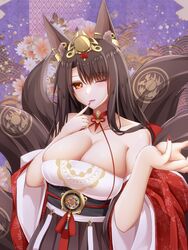  akagi_(azur_lane) akagi_(dawn_phoenix&#039;s_summons)_(azur_lane) animal_ear_fluff animal_ears azur_lane bare_shoulders breasts brown_dress brown_hair brown_tail chinese_clothes cleavage dress eyeliner female finger_to_mouth fox_ears fox_girl fox_tail hair_ornament hanfu highres huge_breasts kitsune kyuubi long_hair looking_at_viewer makeup momijizuki_luna multiple_tails nail_polish official_alternate_costume one_eye_closed open_clothes red_nails skindentation solo tail tail_ornament upper_body wide_sleeves 