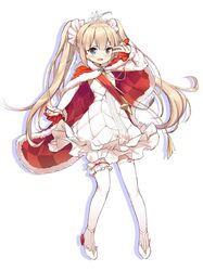  amazon_(azur_lane) amazon_(little_orchestra)_(azur_lane) anchor_symbol azur_lane blonde_hair blue_eyes blush cape dress female hair_ornament highres long_hair looking_at_viewer official_alternate_costume open_mouth qkracho_(thesdroz) simple_background solo thighhighs tiara twintails v white_background 