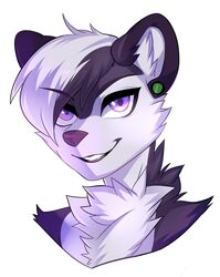  2019 anthro ayken black_body black_eyebrows black_fur black_hair bust_portrait cheek_tuft chest_tuft digital_media_(artwork) drakkin ear_piercing eyebrow_through_hair eyebrows facial_tuft fur grey_nose grin hair icon inner_ear_fluff looking_at_viewer male mammal mephitid multicolored_body multicolored_fur multicolored_hair piercing portrait purple_eyes short_hair simple_background skunk smile solo teeth translucent translucent_hair tuft two_tone_body two_tone_fur two_tone_hair white_background white_body white_fur white_hair 