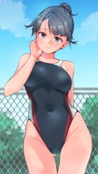  ass_visible_through_thighs black_hair black_one-piece_swimsuit breasts bush chain-link_fence commentary_request competition_swimsuit contrapposto covered_navel cowboy_shot female fence green_eyes hair_bun ninchan one-piece_swimsuit original outdoors single_hair_bun small_breasts solo standing swimsuit 