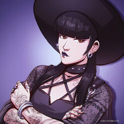  alternate_universe arm_tattoo avatar:_the_last_airbender avatar_legends bangle black_choker black_hair black_lips blunt_bangs bracelet breasts caro_oliveira chest_tattoo choker crossed_arms earrings english_commentary eyeshadow female finger_tattoo goth_fashion hoop_earrings jewelry lipstick mai_(avatar) makeup nose nose_piercing nose_ring pale_skin piercing pout ring see-through see-through_sleeves shoulder_tattoo small_breasts solo stud_earrings studded_choker tattoo 