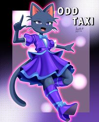  2021 adolescent anthro aozora_(tasogare_aozora) blue_eyes boots bottomwear clothing domestic_cat dress felid feline felis female footwear fur furgonomics high_heeled_boots high_heels mammal odd_taxi open_mouth skirt solo tail tail_through_skirt title young yuki_mitsuya_(odd_taxi) 