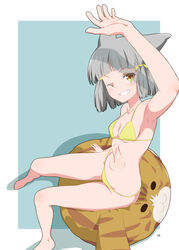  :d animal_ears arm_up armpits bikini blue_background border breasts cat_ears cat_girl female full_body grey_hair grin innertube kageyasu looking_at_viewer navel nia_(xenoblade) one_eye_closed shading_eyes shadow short_hair small_breasts smile solo stomach string_bikini swim_ring swimsuit teeth white_border xenoblade_chronicles_(series) xenoblade_chronicles_2 yellow_bikini yellow_eyes 