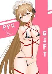  absurdres bare_shoulders bikini blush bound breasts brown_eyes collarbone cross cross_earrings earrings female frilled_hairband frills girls&#039;_frontline hairband highres jewelry light_brown_hair long_hair medium_breasts micro_bikini navel ppk_(girls&#039;_frontline) restrained ribbon ribbon_bondage skindentation smile solo swimsuit very_long_hair xue_shiming 