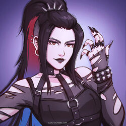  alternate_hairstyle alternate_universe avatar:_the_last_airbender avatar_legends azula black_lips black_nails blue_hair breasts brown_eyes bustier caro_oliveira colored_inner_hair ear_piercing english_commentary eyebrow_piercing facial_mark female fingernails goth_fashion jewelry lipstick long_fingernails long_hair makeup multicolored_hair multiple_piercings nose o-ring off-shoulder_sweater off_shoulder pale_skin piercing plug_(piercing) ponytail ring sharp_fingernails small_breasts solo studded_bracelet sweater thumb_ring torn_clothes 