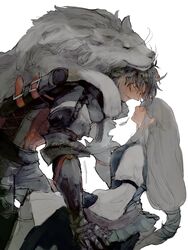  1boy animal_on_head armor black_hair clive_rosfield female final_fantasy final_fantasy_xvi gauntlets grey_hair grey_wolf highres jill_warrick long_hair looking_at_another low-tied_long_hair on_head scabbard sheath simple_background sweatdrop torgal_(ff16) zerou_pan 