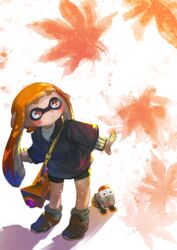  autobomb_(splatoon) bike_shorts black_sweater blunt_bangs blush brown_footwear closed_mouth commentary dated_commentary english_commentary female flat_chest full_body grey_socks highres inkling inkling_girl inkling_player_character kashu_(hizake) leaf long_hair long_sleeves looking_up maple_leaf orange_hair pointy_ears red_eyes shirt shoes socks solo splatoon_(series) splatoon_2 splattershot_jr_(splatoon) standing star_(symbol) sweater tentacle tentacle_hair twintails weapon white_background white_shirt 