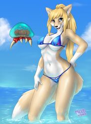  absurd_res alien alternate_species anthro anthrofied beach bent_arm bent_legs bikini blonde_hair breasts canid canine cleavage clothed clothing dripping duo exposure_variation extended_arm fangs female fox fox_samus_aran fur furrification hair hand_on_hip hand_on_leg hand_on_own_hip hand_on_own_leg hand_on_own_thigh hand_on_thigh hi_res legs_in_water looking_at_viewer mammal meibeu metroid micro_bikini navel nintendo open_mouth partially_submerged ponytail samus_aran seaside skimpy smile string_bikini submerged_legs submerged_tail swimwear tail_in_water teeth thigh_gap touching_hip touching_own_hip touching_thigh wet yellow_body yellow_fur zero_suit 