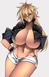  abs absurdres black_gloves blonde_hair bracelet breasts cropped_jacket dark-skinned_female dark_skin determined english_commentary female gloves hand_on_own_hip highres huge_breasts hz_(666v) jacket jewelry long_hair mixed-language_commentary necklace open_clothes open_jacket original paid_reward_available scar scar_across_eye scar_on_face short_shorts shorts smirk solo tan tomboy toned underboob vecky_(camui_kamui) yellow_eyes 