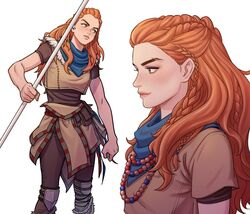  aloy_(horizon) blue_scarf braid clenched_hand commentary_request earpiece eyebrow_cut female fingernails focus_(horizon) forehead freckles green_eyes holding holding_polearm holding_weapon horizon_(video_game) horizon_zero_dawn jewelry jyolin_manula korean_commentary lips long_hair mismatched_eyebrows multiple_braids multiple_views neckerchief necklace nose pearl_necklace polearm pouch scar scarf spear thick_eyebrows tribal weapon white_background 