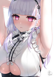  :s anchor armpits arms_behind_head arms_up azur_lane bangs black_hairband blunt_bangs blush breasts center_frills closed_mouth dido_(azur_lane) earrings eyebrows_visible_through_hair female frilled_shirt frills hairband jewelry kohanayuki large_breasts long_hair pink_eyes shirt signature silver_hair simple_background skindentation sleeveless sleeveless_shirt solo underboob underboob_cutout upper_body white_background white_shirt 