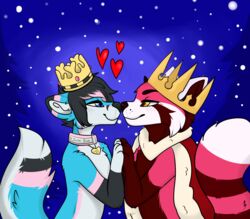  absurd_res ailurid anthro arulouprouge black_body black_fur black_hair black_nose blue_body blue_eyes blue_fur blush blush_lines boop canid canine canis collar collar_tag crown duo fox fur hair hand_holding headgear heart_symbol hi_res jaster_blade kissing male male/male mammal maroon_fur pink_body pink_fur red_panda romantic romantic_couple sky snow star starry_sky white_body white_fur yellow_eyes 